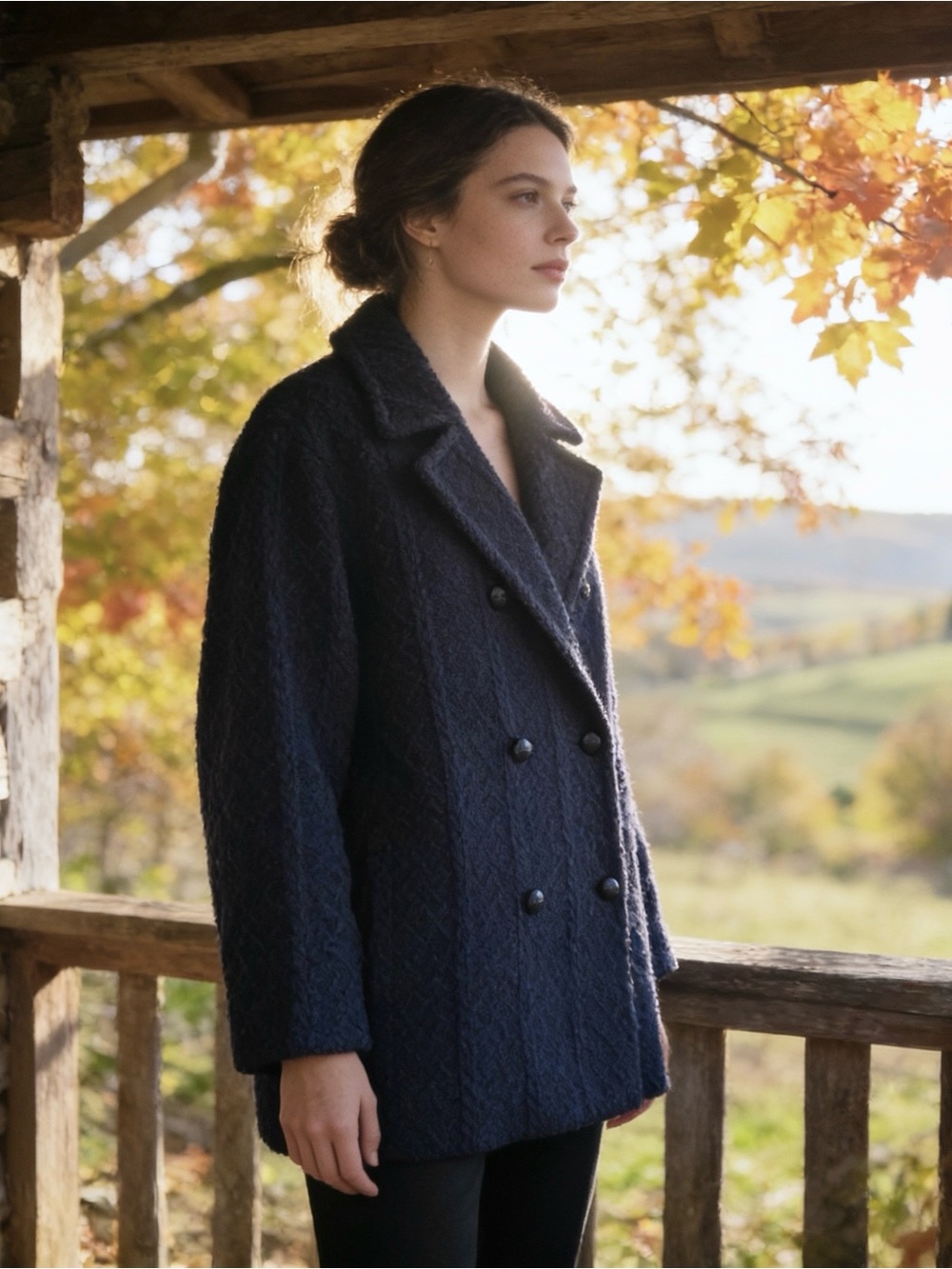 Textured Double-Breasted Peacoat in Navy